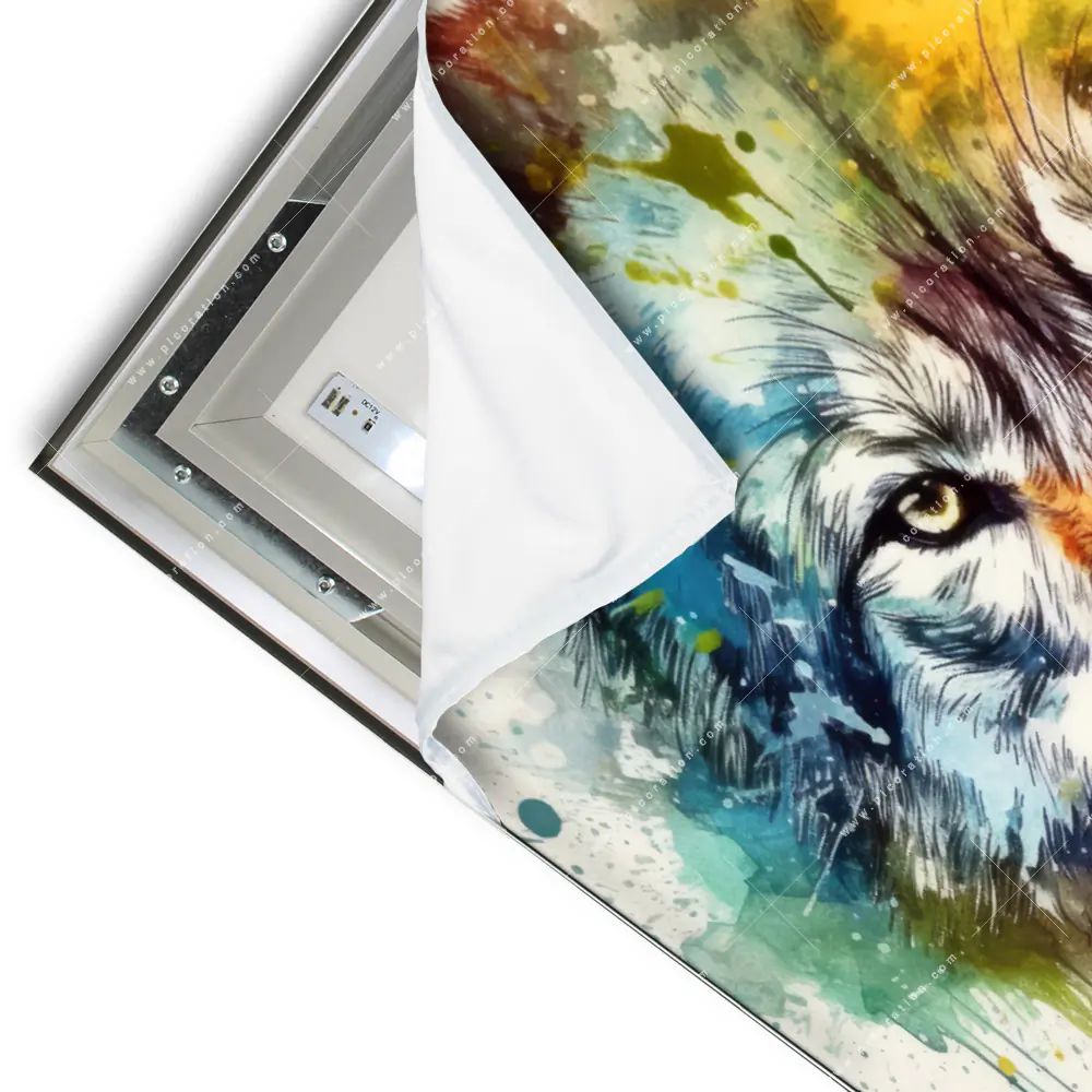 LED-Wandbild - Wolf mit bunten Farbspritzern No. 2 im Querformat ...