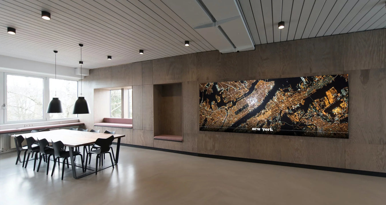 Picoration.com | XXL Wandbilder| LED Leuchtbilder Wandbilder für moderne Kantine | Wandbild mit New York Motiv bei Nacht von Oben