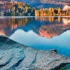 Textil Ersatzdruck Abendszene Mit Bergen Und See Panorama Zoom